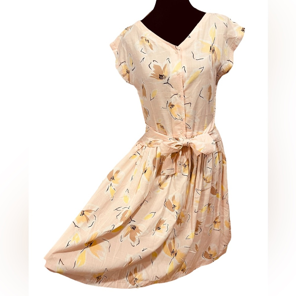 Floral Peach Midi Dress with Tie Waist